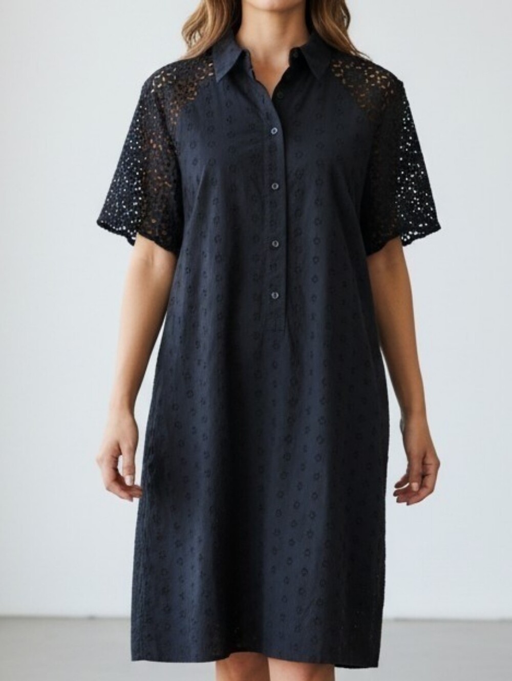 J. Crew Navy Eyelet Midi Shirt Dress with Crochet Sleeves 8